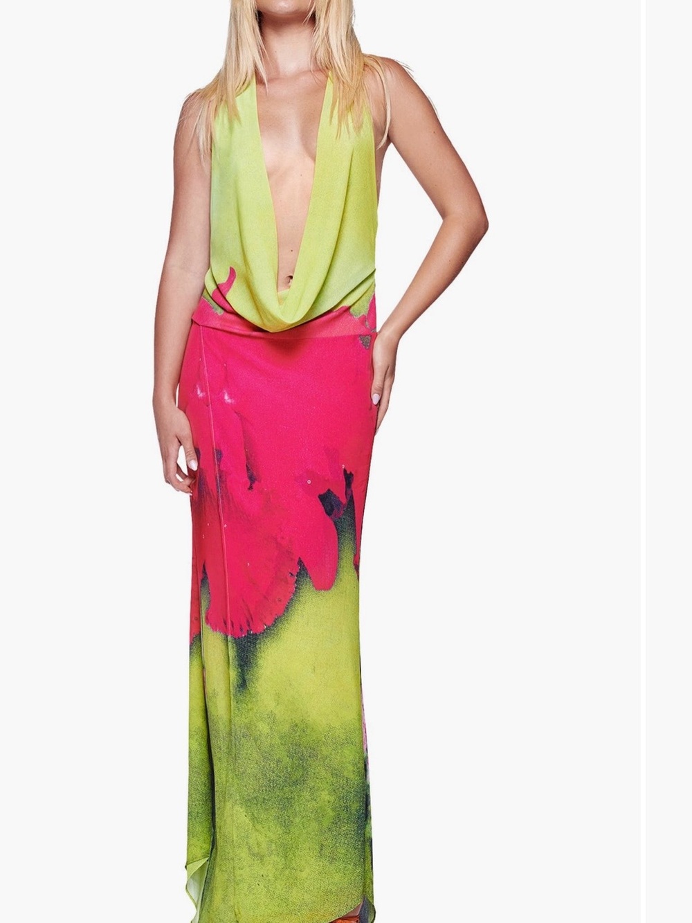 I AM GIA Neon Lime Green and Hot Pink Cowl Neck Maxi Dress